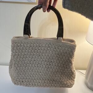 Vintage Woven Straw Handbag Beige Crochet Tote Tortoise Handle Top Handle Purse